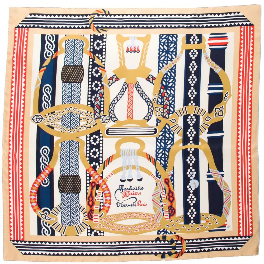 NWT Rare, Authentic Hermès 90 Silk Scarf Fantaisie d'Etriers Crème Marine Rouge